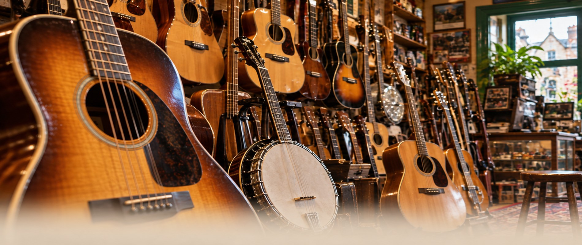 Vintage guitars and banjos inside the historic Frailers shop in Runcorn.