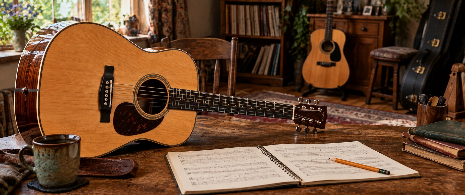 Acoustic guitar, guitar notation and a traditional music practice room.