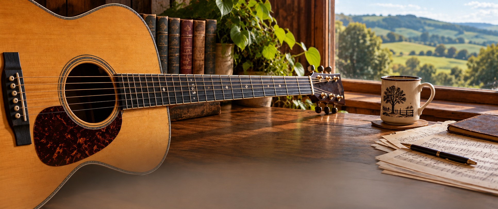 Acoustic guitar and music workspace overlooking the countryside.