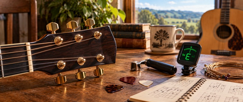 Acoustic guitar headstock, tuning machines and guitar-tuning workspace.