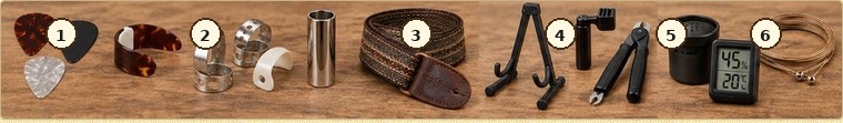 Numbered examples of useful guitar accessories shown left to right.