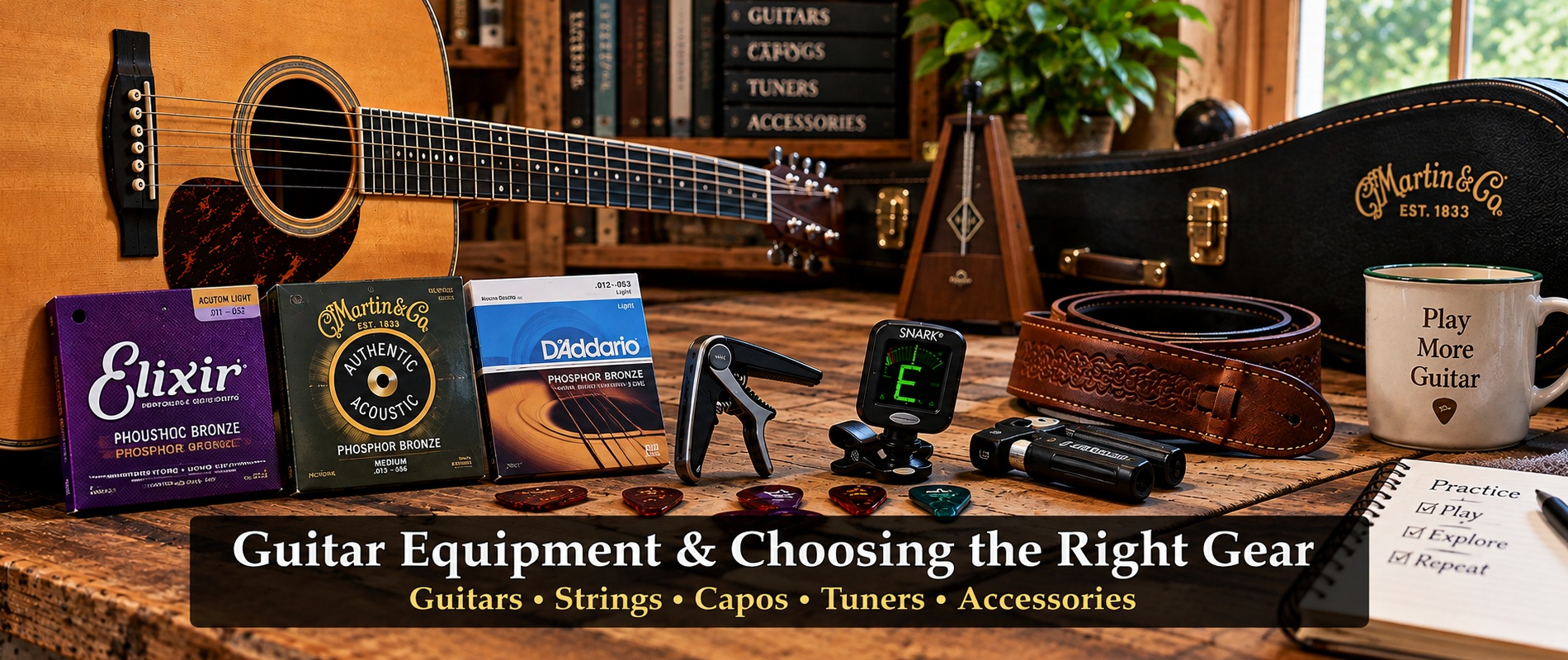 Acoustic, classical and resonator guitars with guitar strings, capo, tuner and accessories on a workshop bench.