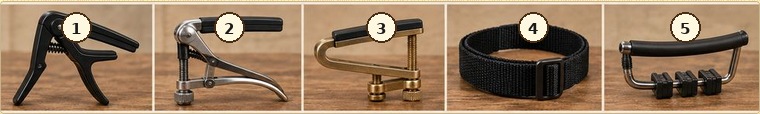 Numbered examples of five guitar capo designs shown left to right.