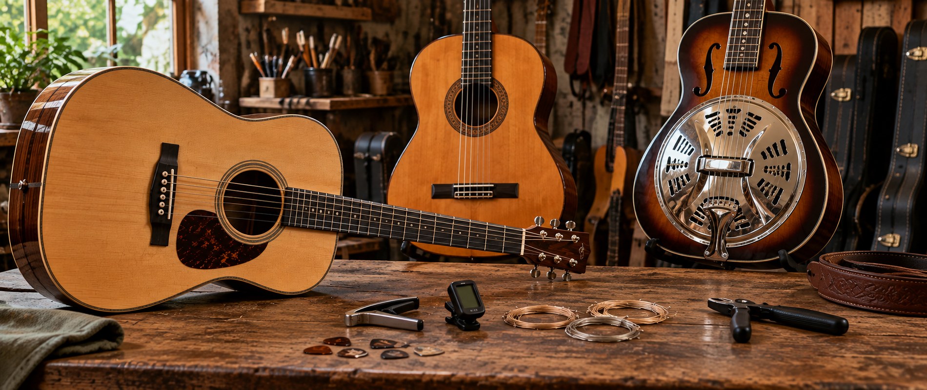 Acoustic guitars and music-making equipment in a traditional music room