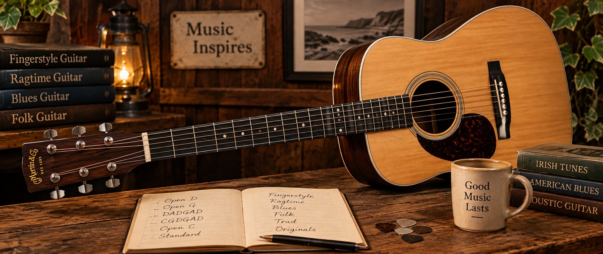 Acoustic guitar arranged to emphasise left-handed playing