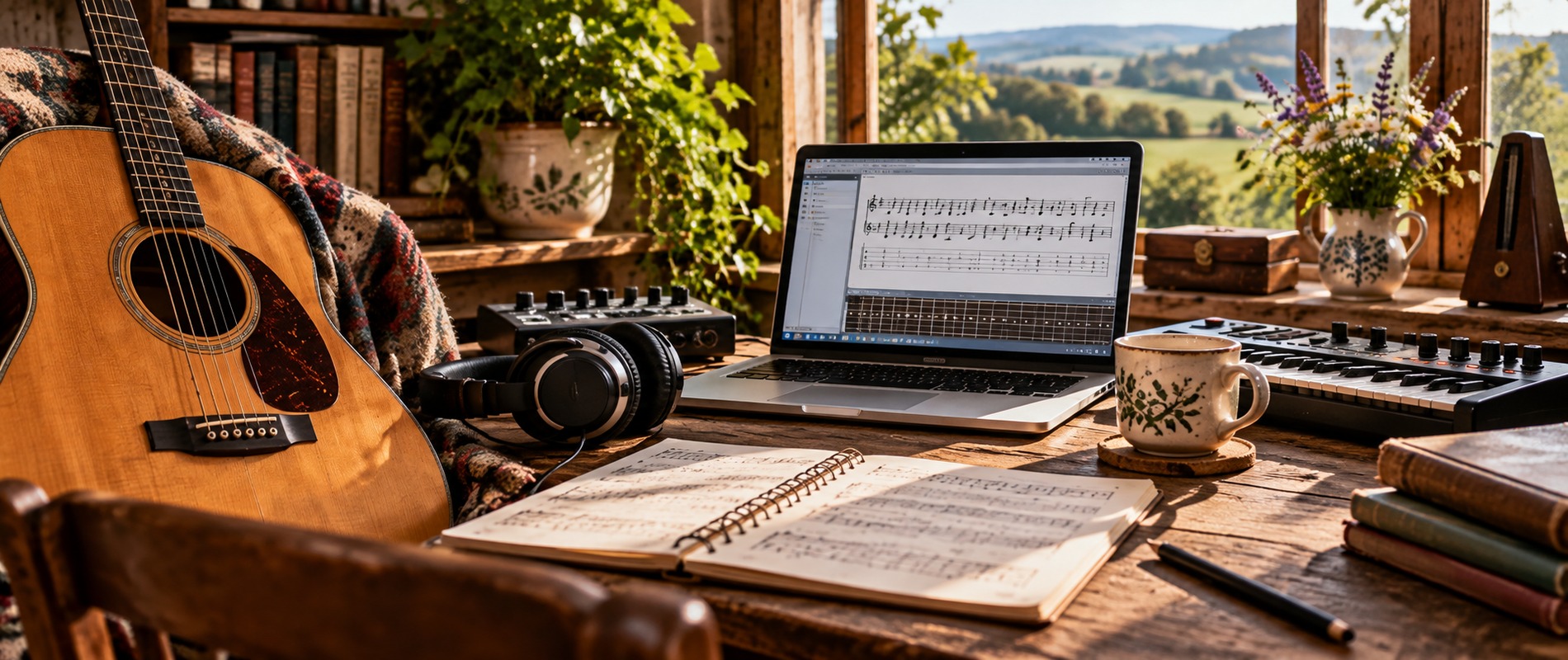 Acoustic guitar, laptop displaying music notation and tablature software, MIDI equipment and music-making workspace