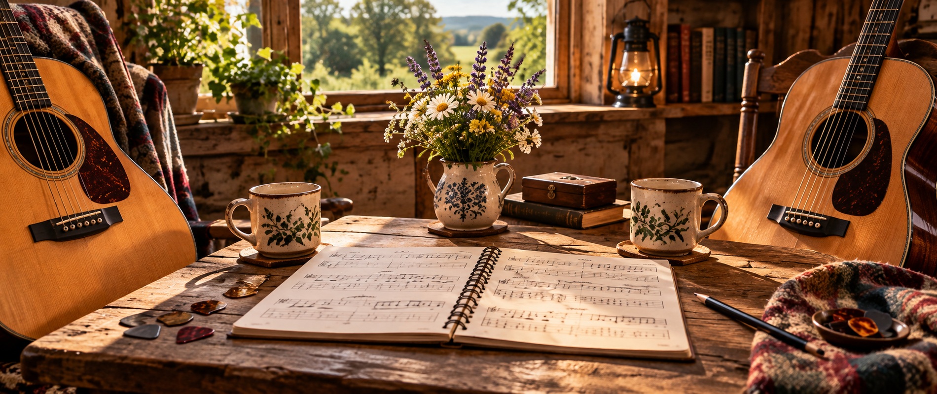 Two acoustic guitars, sheet music and flowers — Duet Guitar Tabs