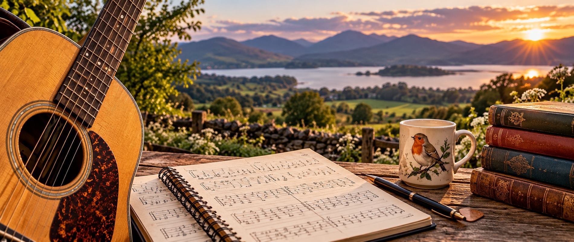 Acoustic guitar, lake landscape, music and bird-themed mug — My Guitar Tabs